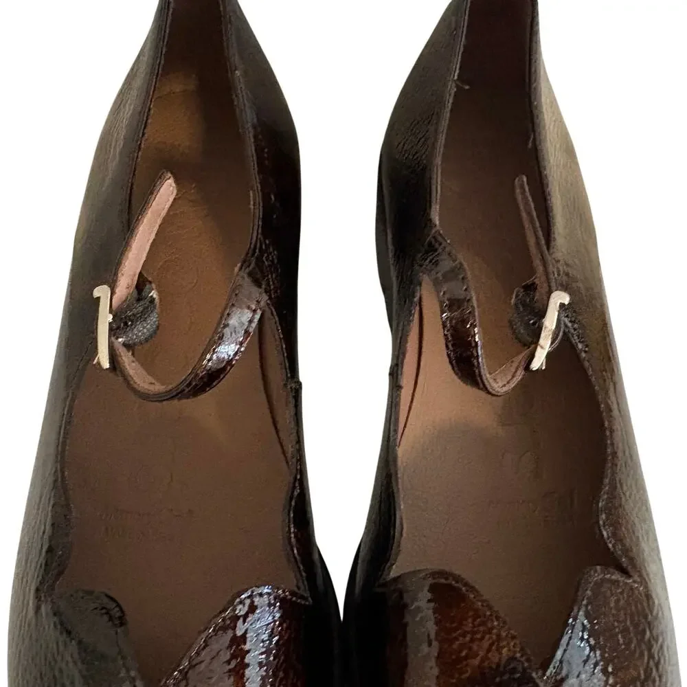 NWT Wonders Spain Sevilla Tortoise Scalloped Patent Leather Mary Jane Wedge